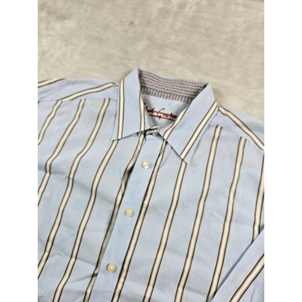 Robert Graham Shirt Mens 2XL Blue Striped Cotton Paisley Long Sleeve Button Down